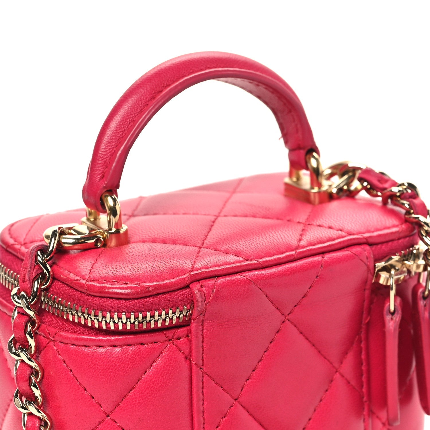 Chanel Lambskin Quilted Mini Top Handle Vanity Case With Chain Dark Pink