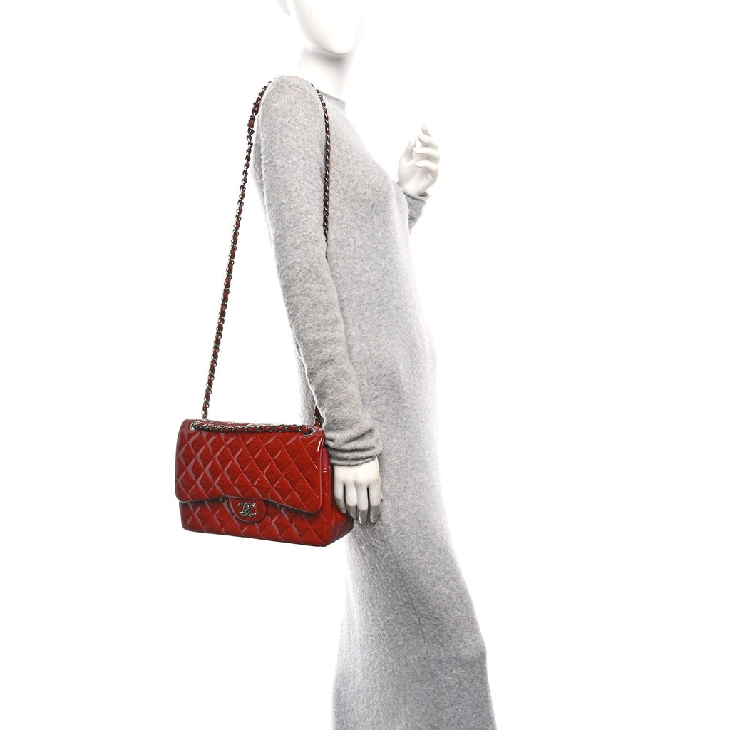 Chanel Patent Quilted Jumbo Double Flap Dark Red
