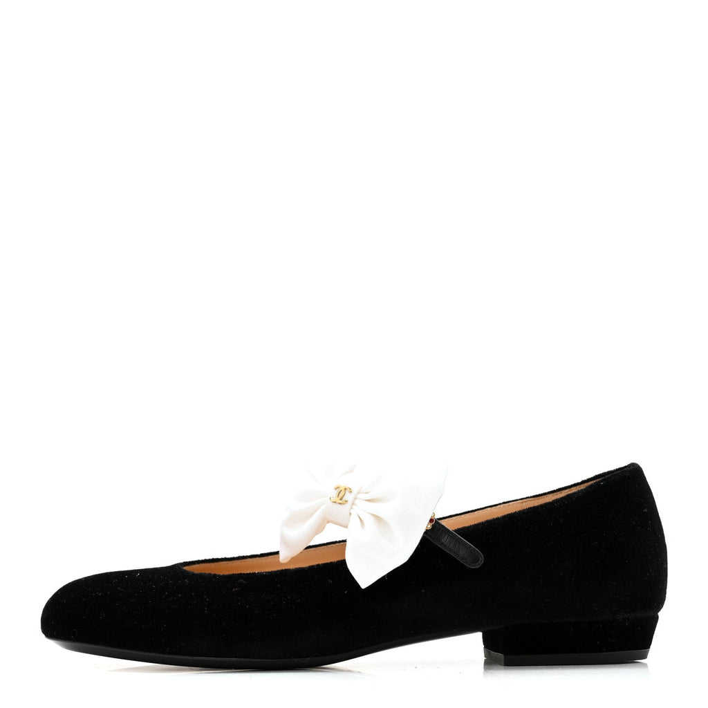 Chanel Velvet Grosgrain Bow Mary Jane Flats 38 Black White