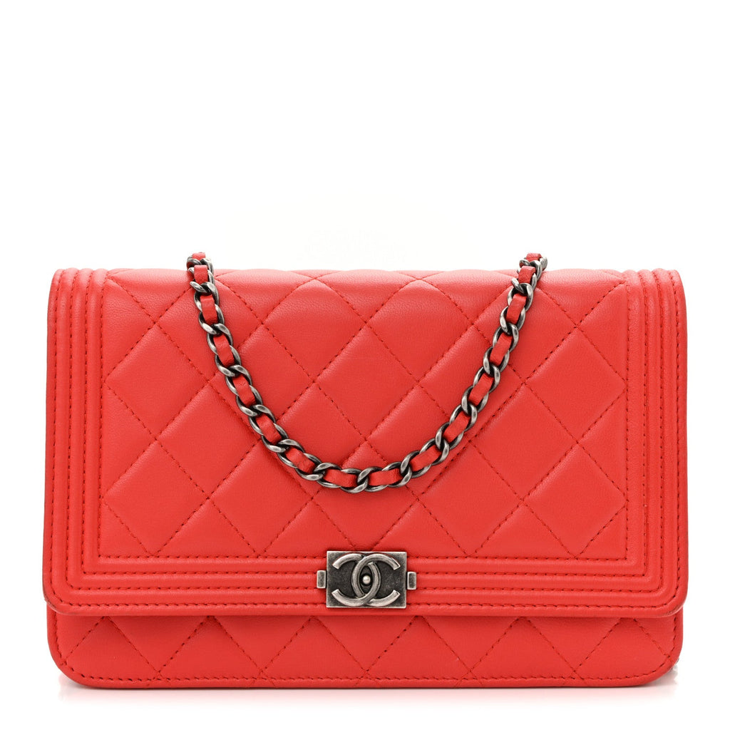 Chanel Lambskin Quilted Boy Wallet On Chain WOC Red