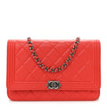 Chanel Lambskin Quilted Boy Wallet On Chain WOC Red