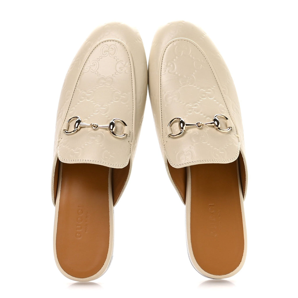 Gucci Glamour Calfskin Guccissima Womens Princetown Slippers 37.5 Mystic White