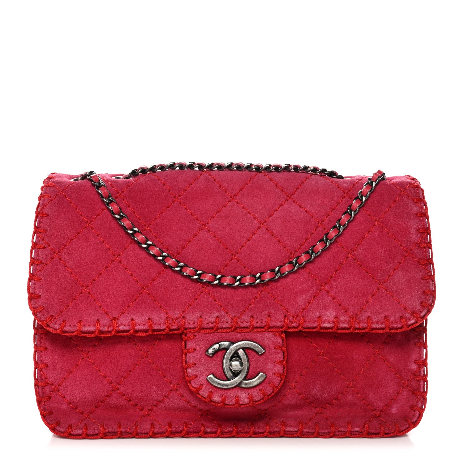 Chanel Suede Quilted Whipstitch Flap Red
