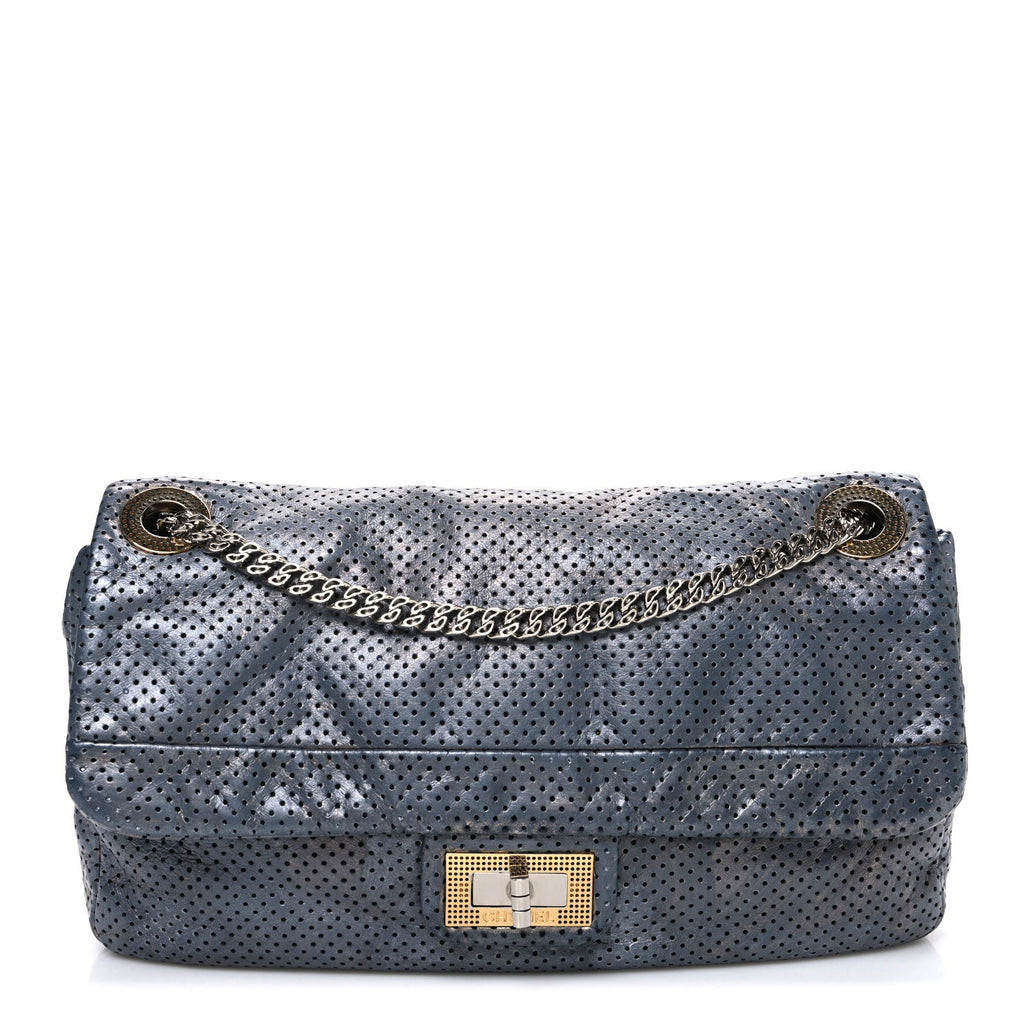 Chanel Metallic Crackled Calfskin Perforated Drill Flap Silver