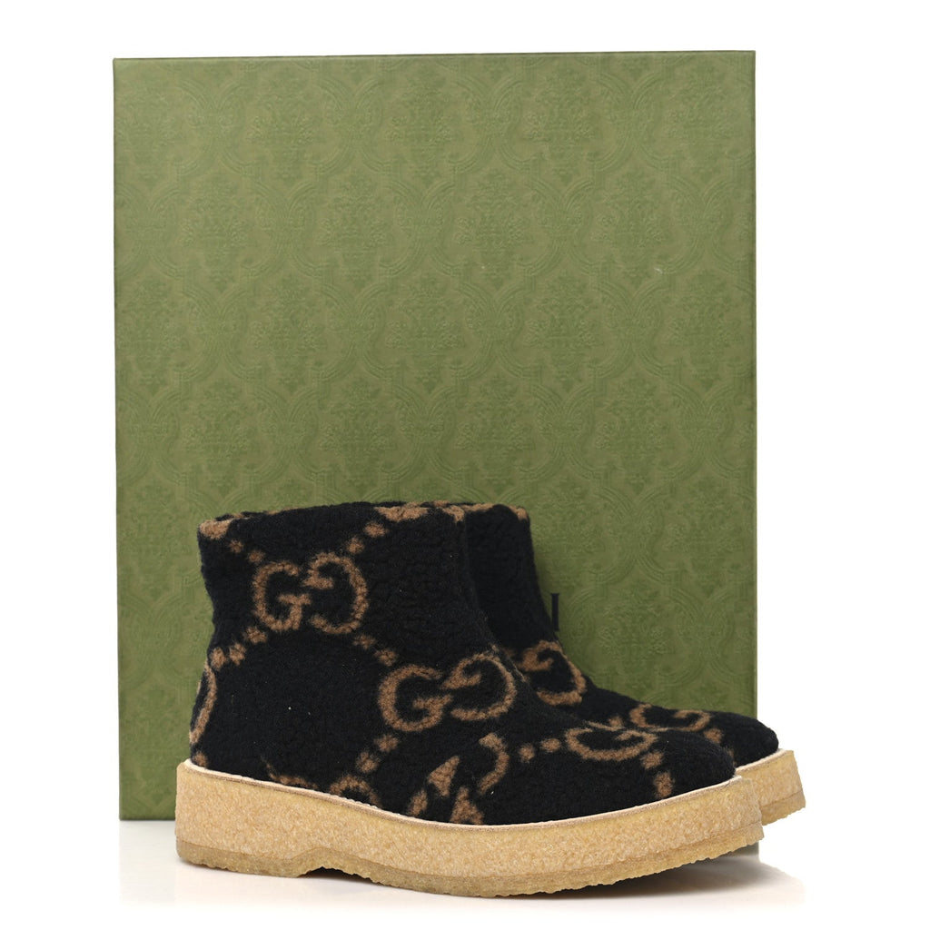 Gucci Faux Shearling Hooper GG Womens Ankle Boots 39 Black Natural Tan