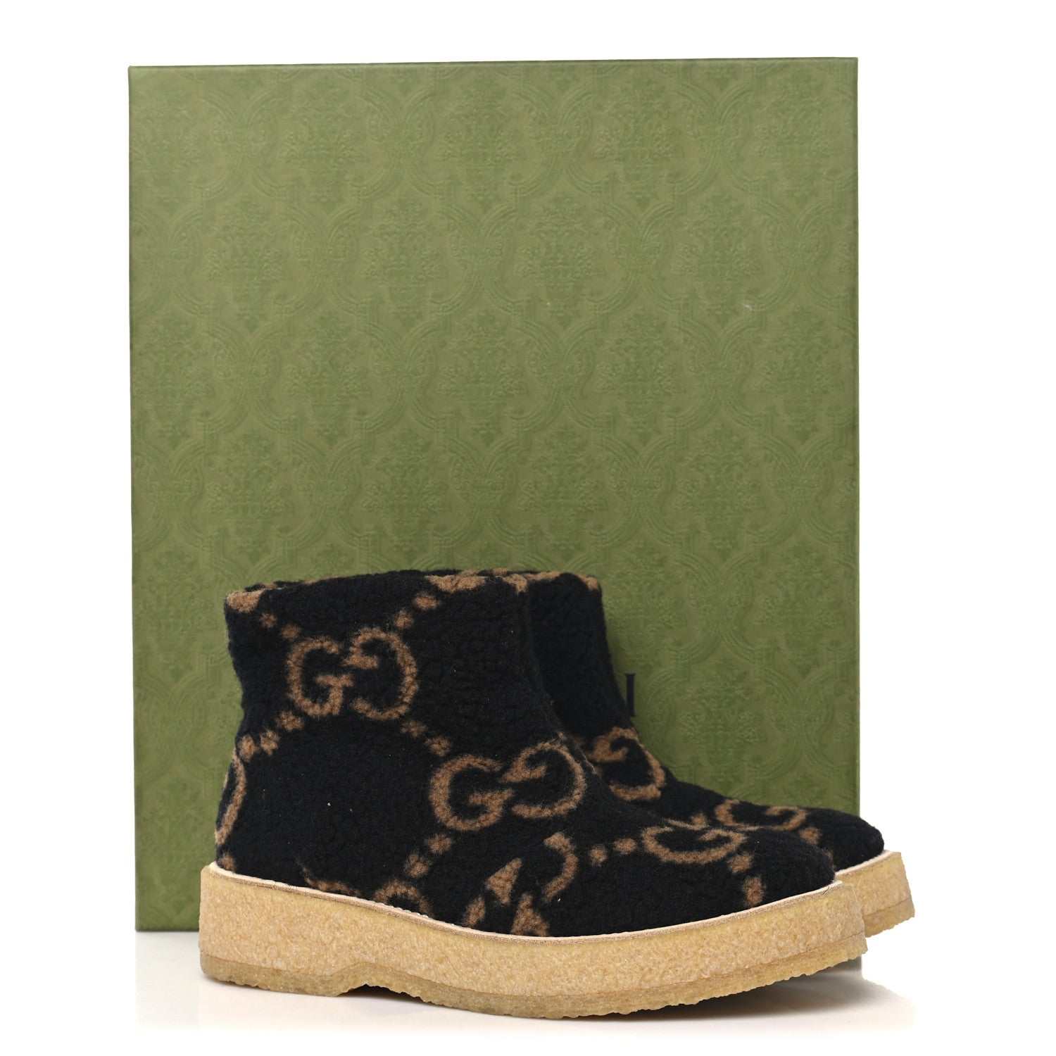 Gucci Faux Shearling Hooper GG Womens Ankle Boots 39 Black Natural Tan