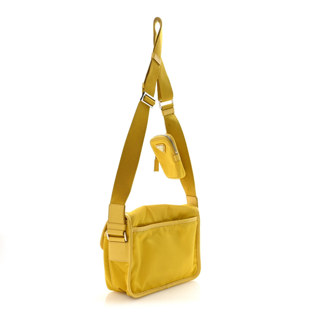 Prada Tessuto Nylon Saffiano Pocket Double Snap Buckle Messenger Shoulder Bag Giallo