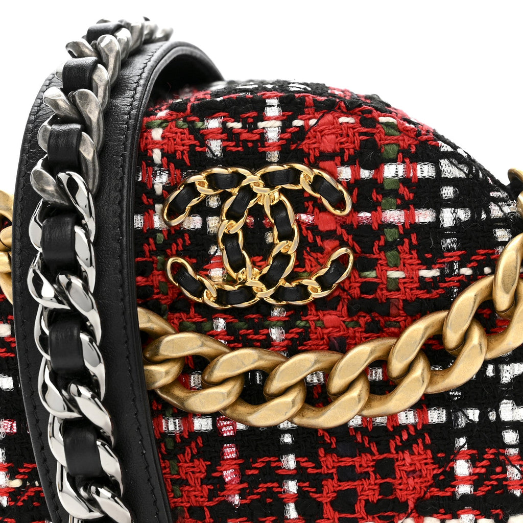 Chanel Tweed Quilted Chanel 19 Round Clutch With Chain  Red Black White Green