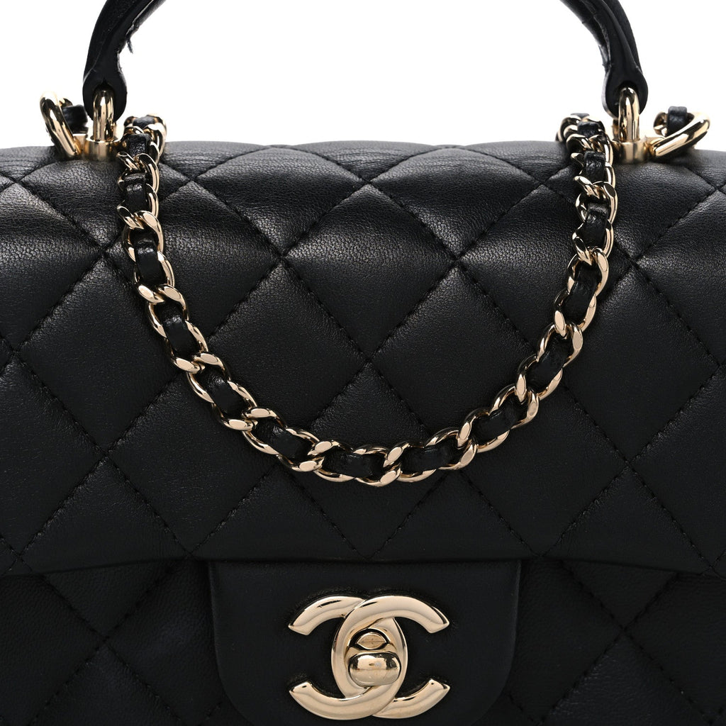 Chanel Lambskin Quilted Mini Top Handle Rectangular Flap Black