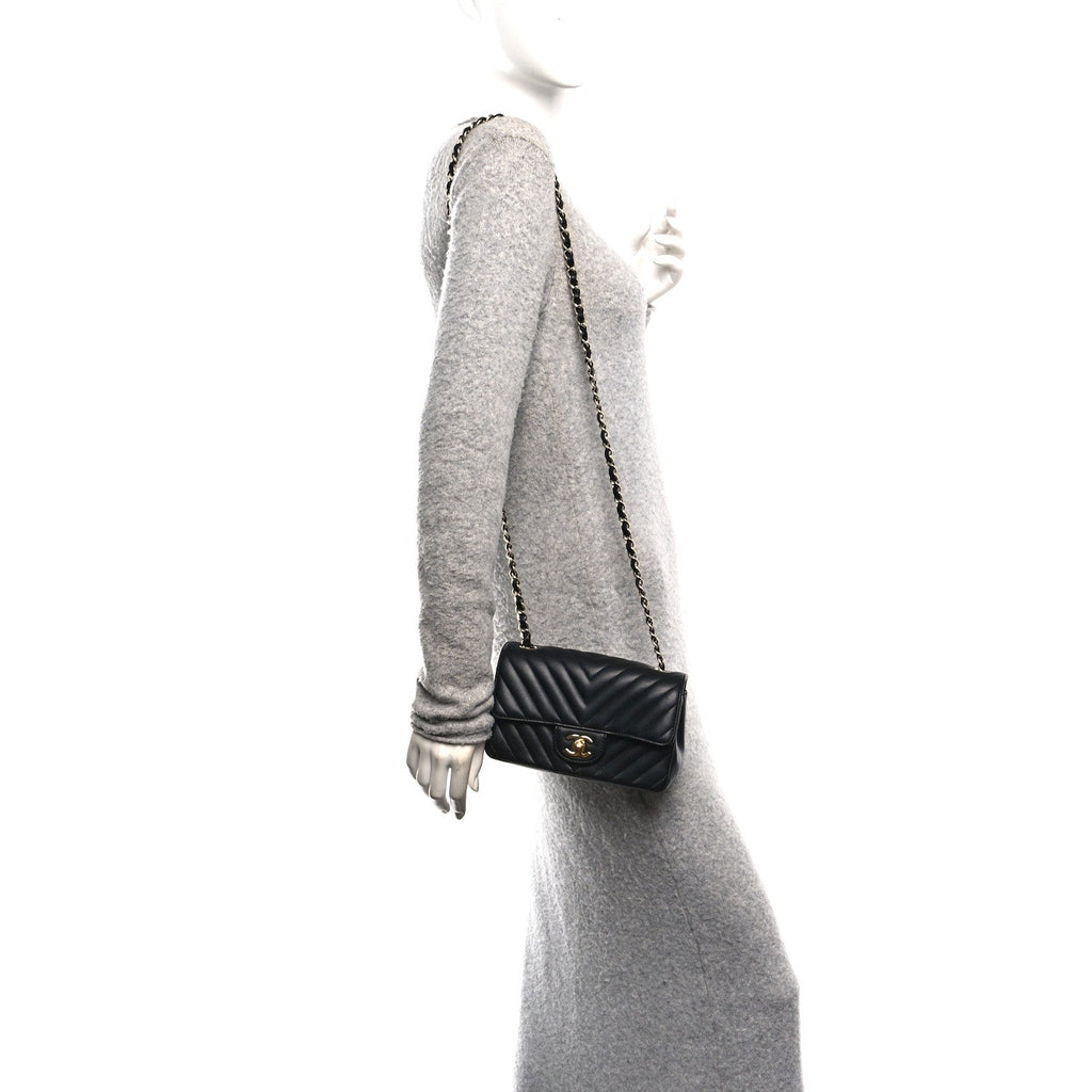 Chanel Lambskin Chevron Quilted Mini Rectangular Flap Black