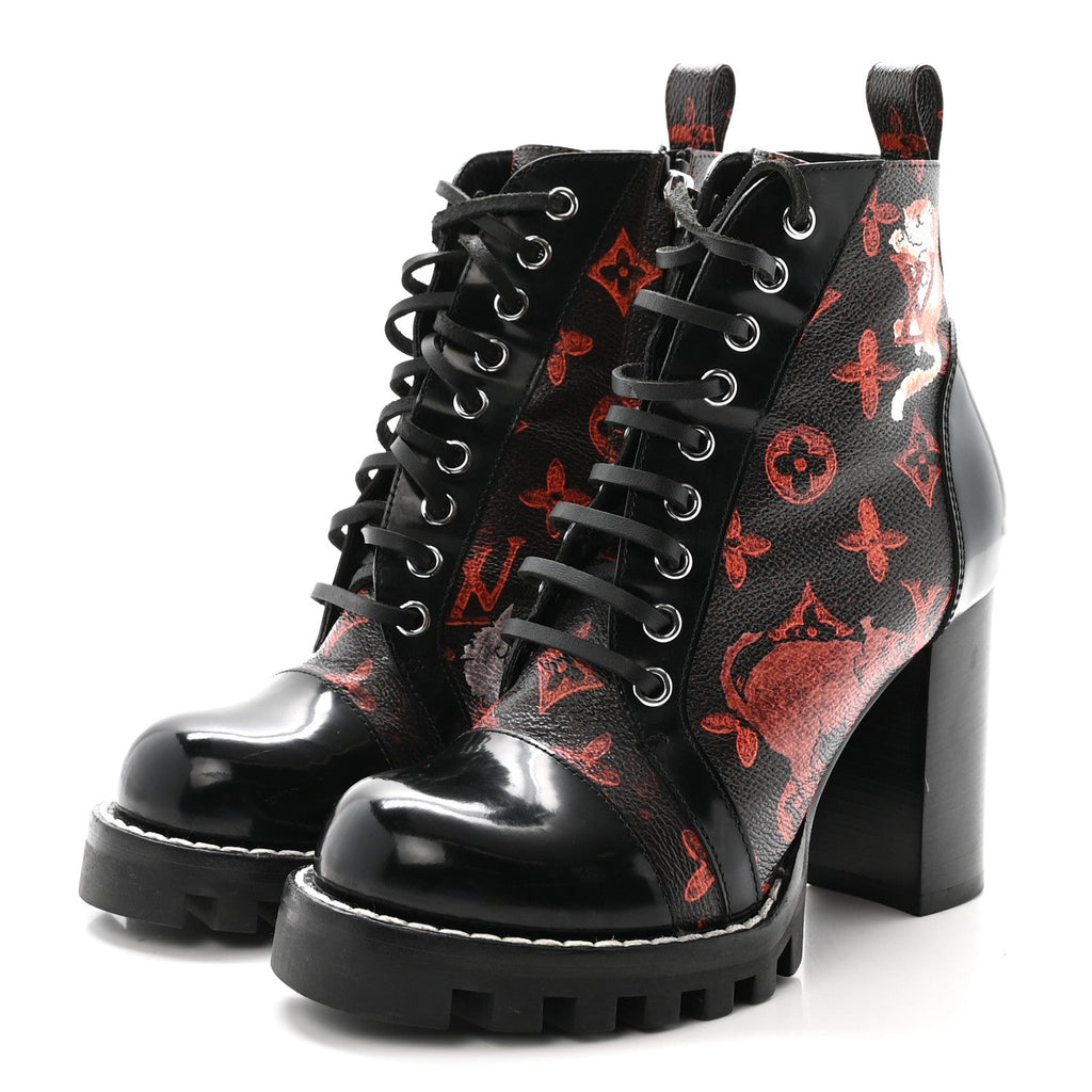 Louis Vuitton Patent Calfskin Catogram Star Trail Ankle Boots 36 Black Marron