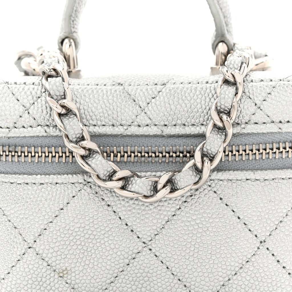 Chanel Metallic Caviar Quilted Mini Top Handle Vanity With Chain Silver