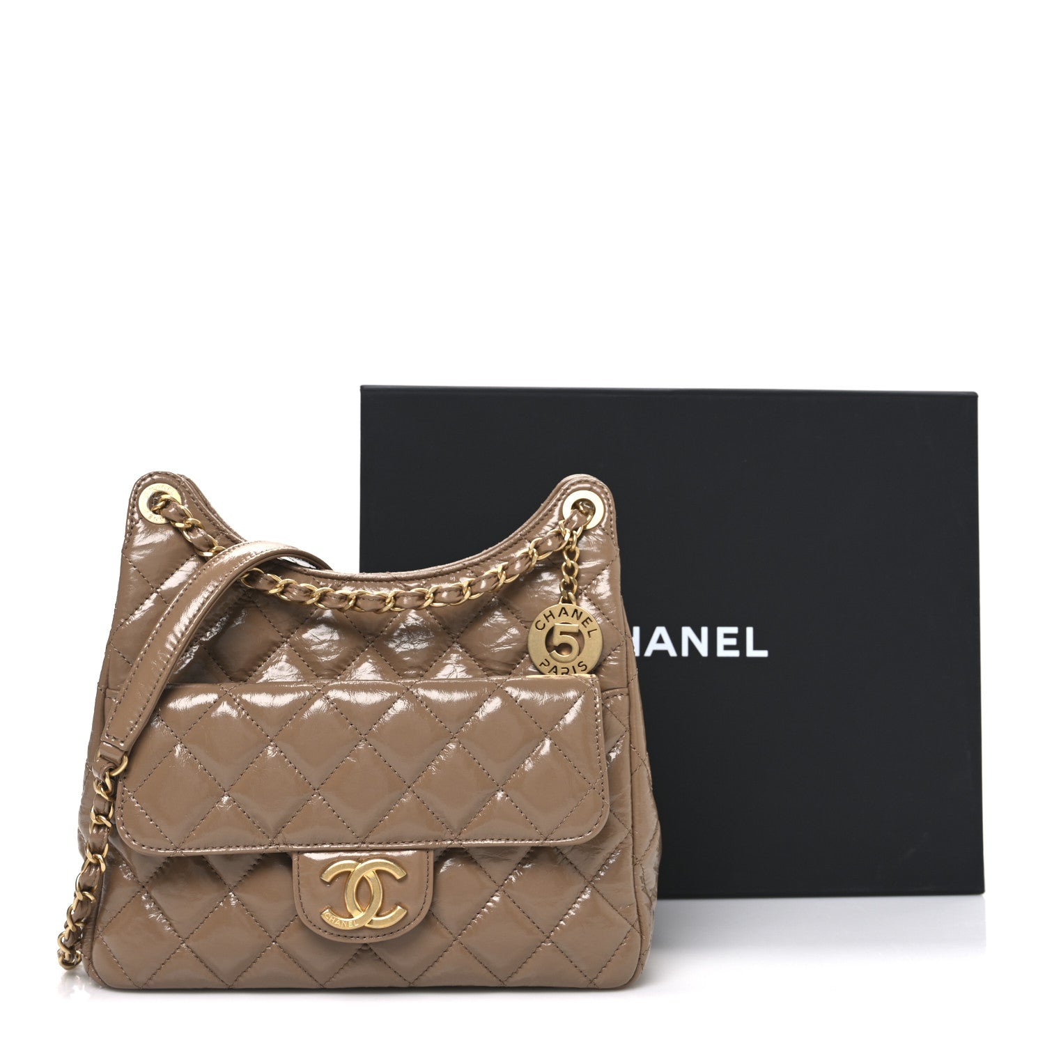 Chanel Shiny Crumpled Calfskin Quilted Wavy CC Hobo  Dark Beige