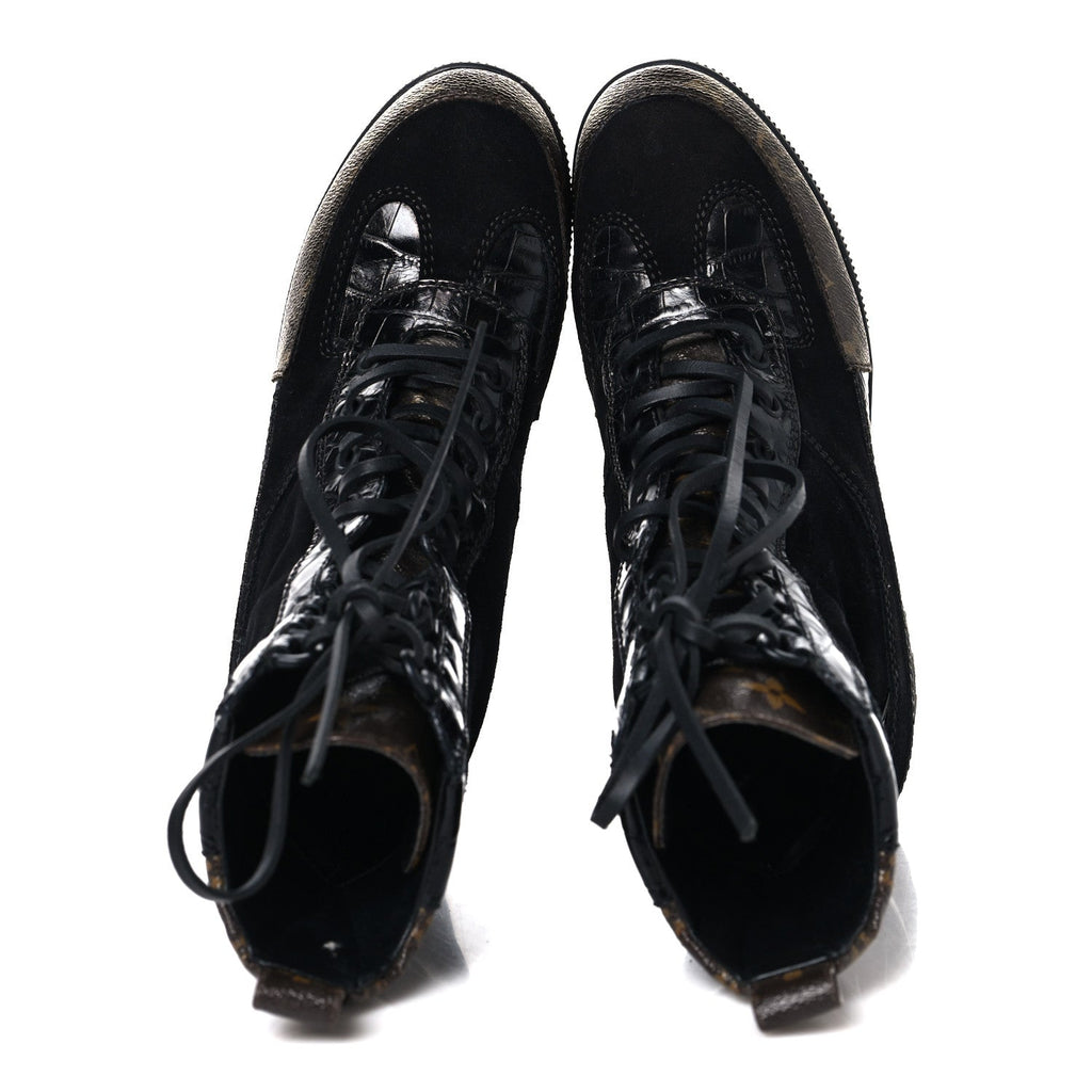 Louis Vuitton Suede Crocodile Embossed Calfskin Monogram Laureate Platform Desert Boots 36 Black