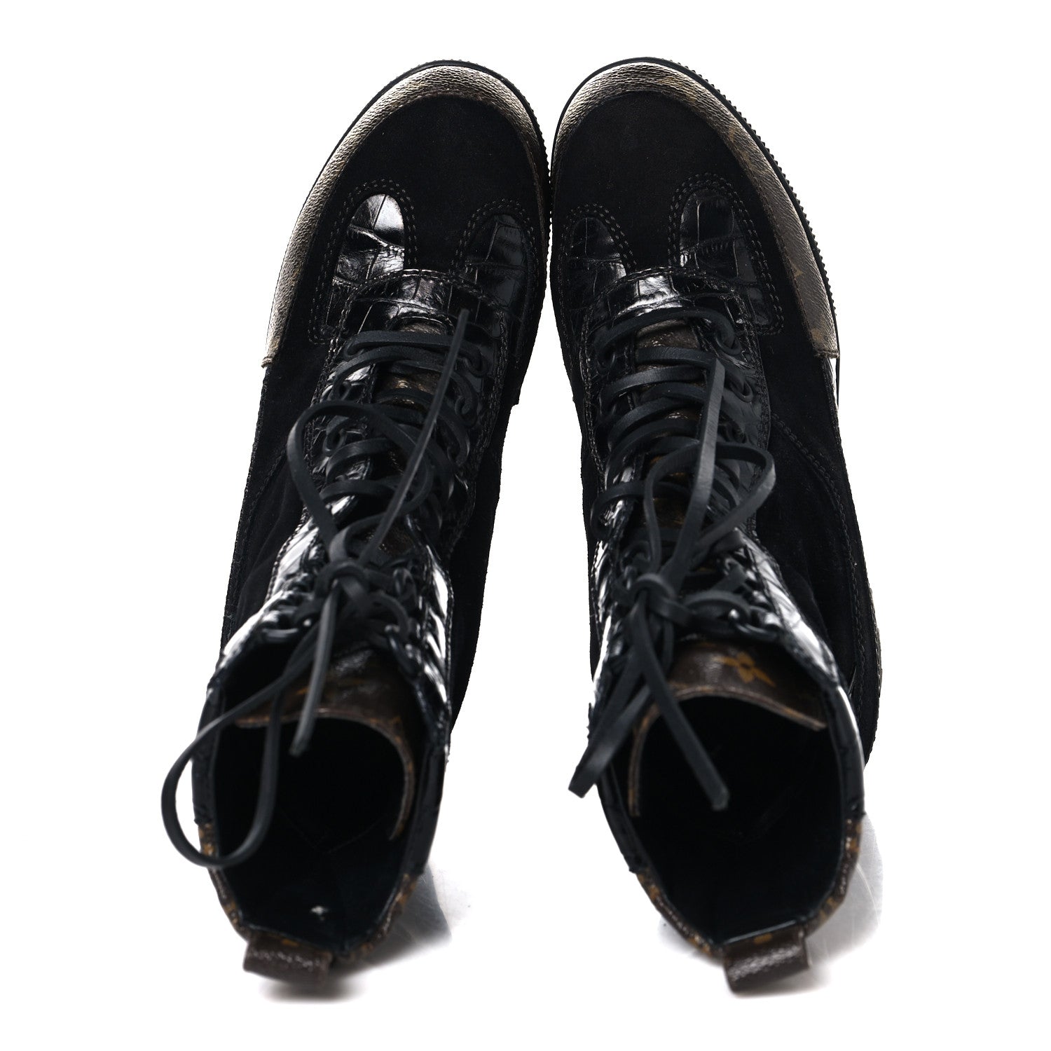 Louis Vuitton Suede Crocodile Embossed Calfskin Monogram Laureate Platform Desert Boots 36 Black