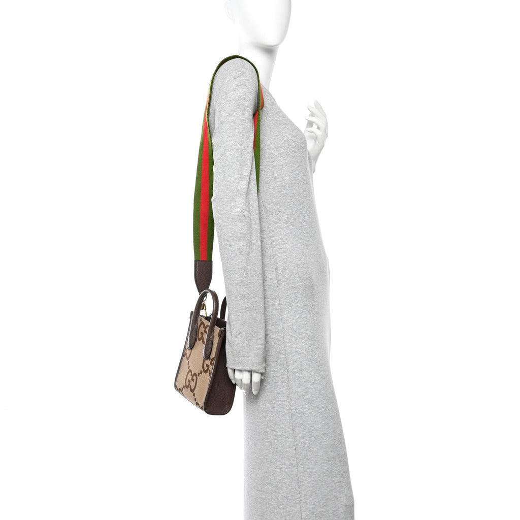 Gucci Monogram Jumbo GG Textured Dollar Calfskin Web Mini Vertical Tote Camel Ebony New Acero