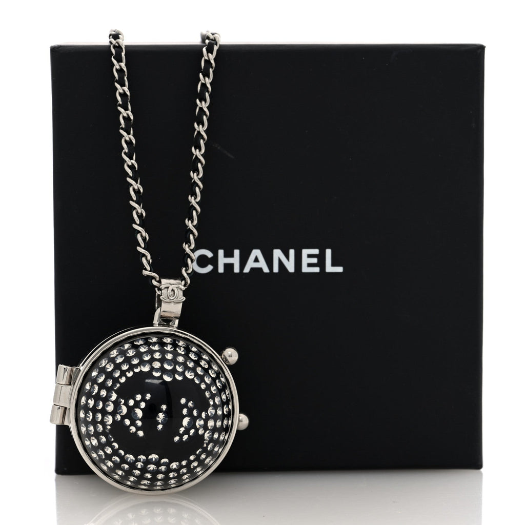 Resin Crystal Lambskin Ball Mirror Necklace Black Silver