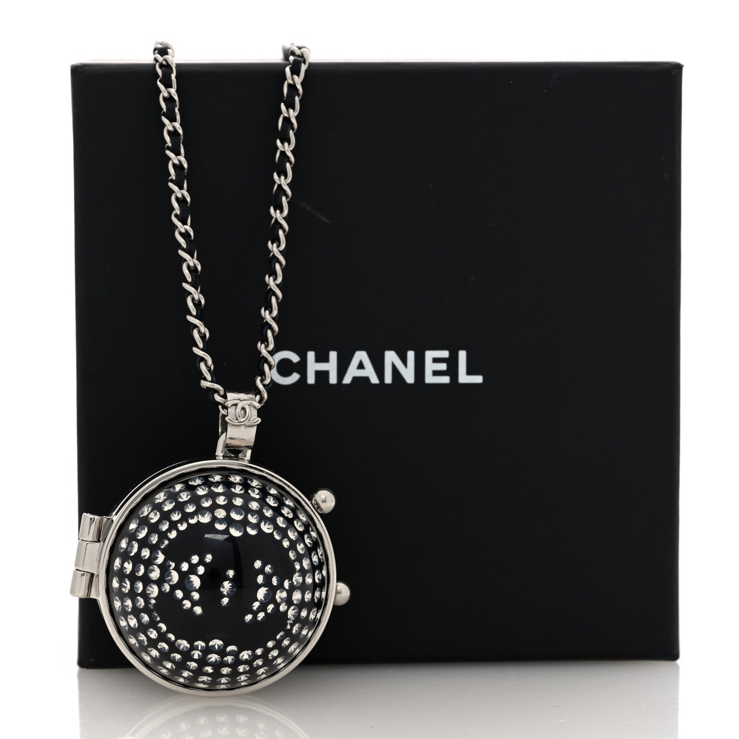 Resin Crystal Lambskin Ball Mirror Necklace Black Silver