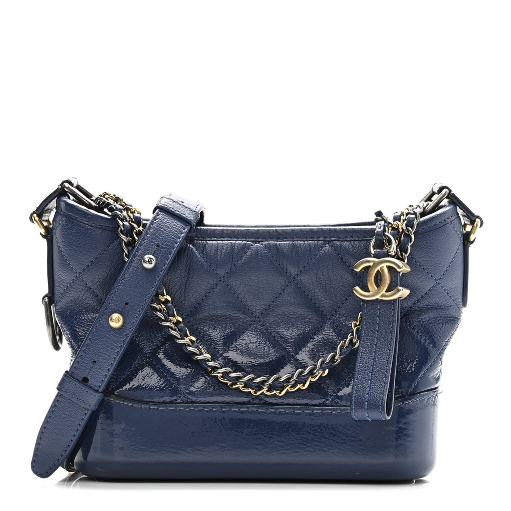 Chanel Patent Goatskin Quilted Small Gabrielle Hobo Blue