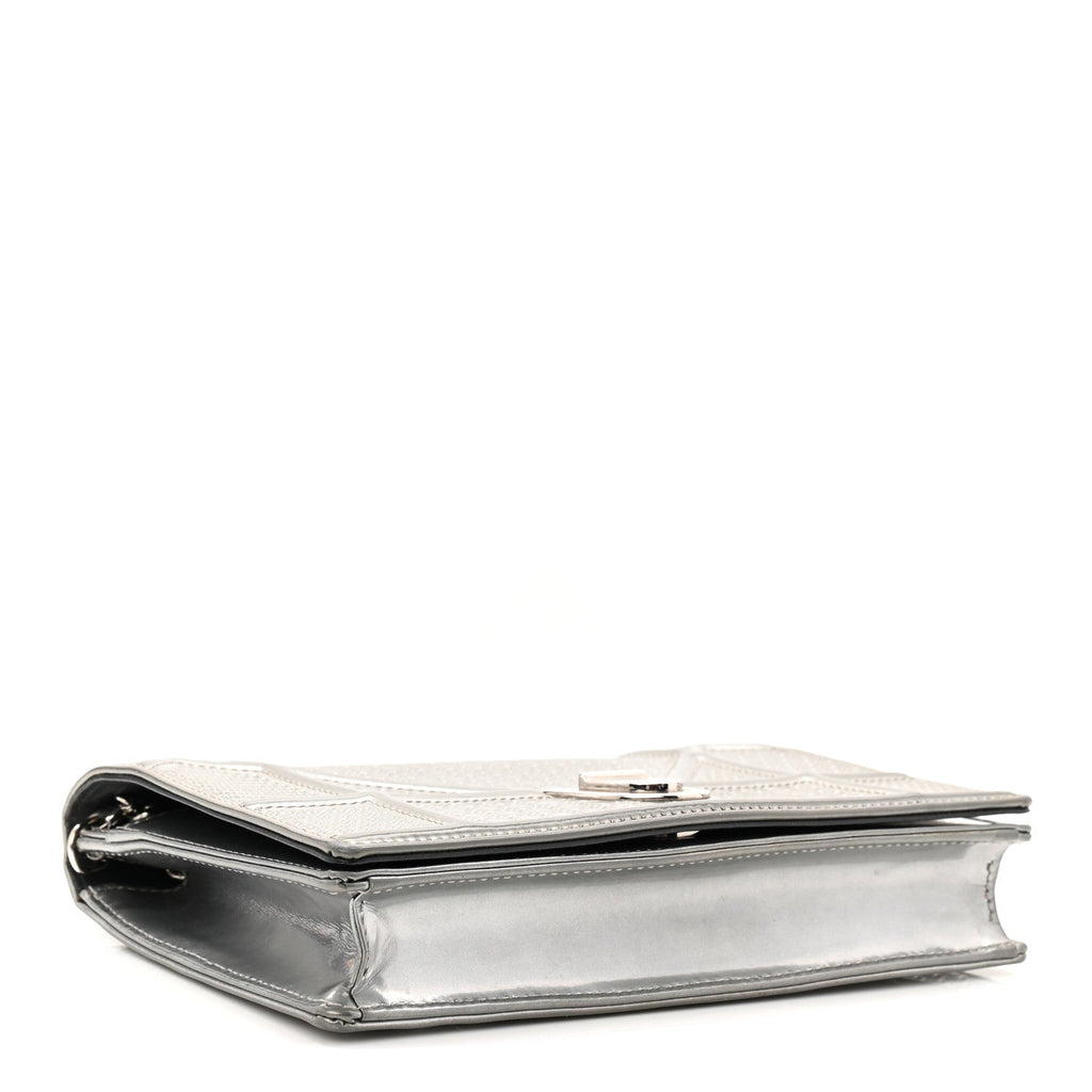 Christian Dior Metallic Patent Micro-Cannage Diorama Wallet on Chain Pouch Silver