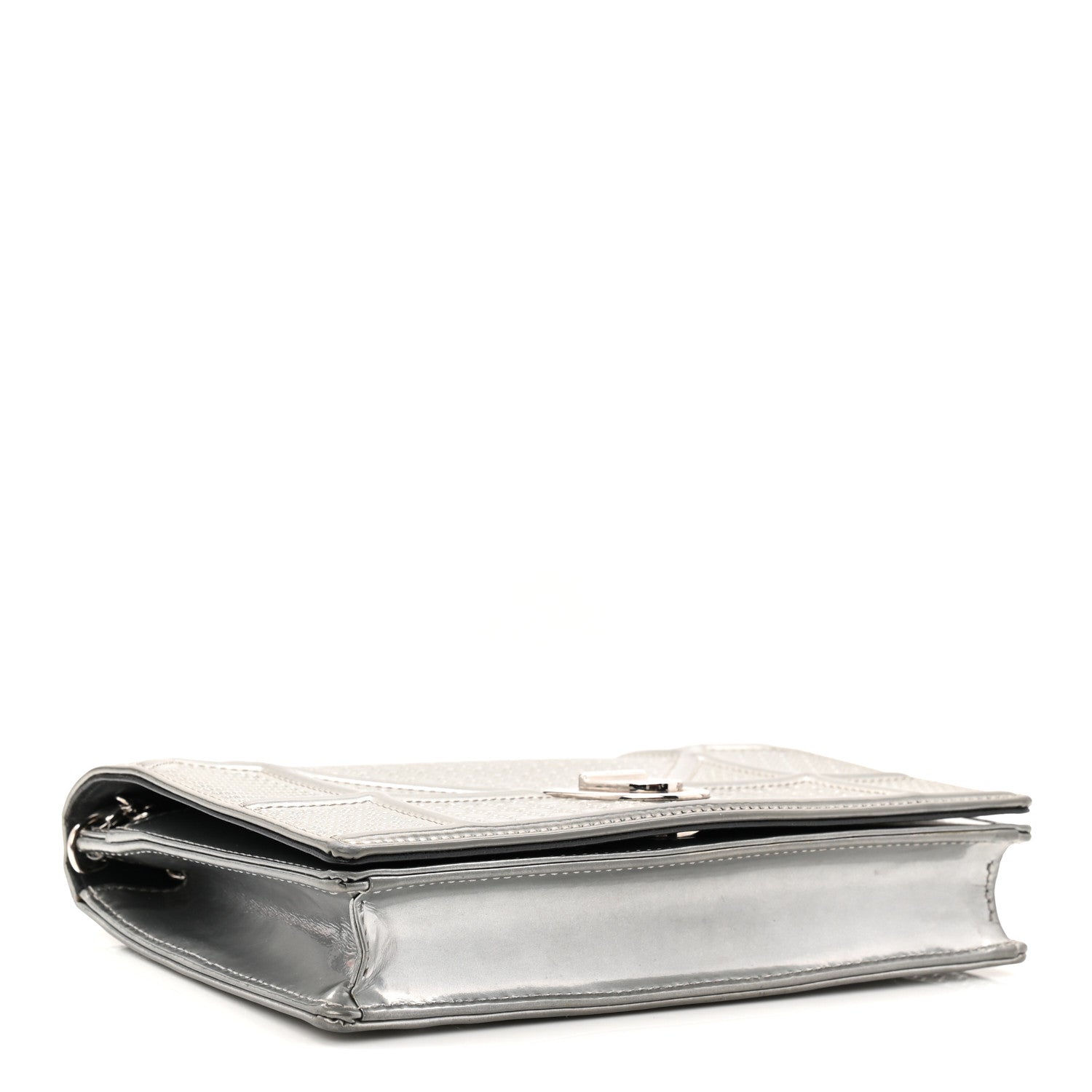 Christian Dior Metallic Patent Micro-Cannage Diorama Wallet on Chain Pouch Silver