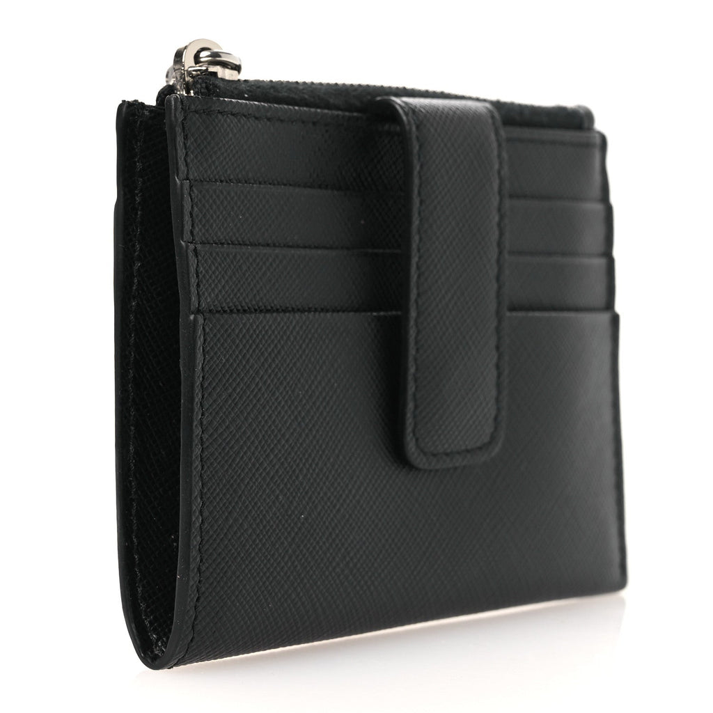 Prada Saffiano Triangle Zip Card Holder Black