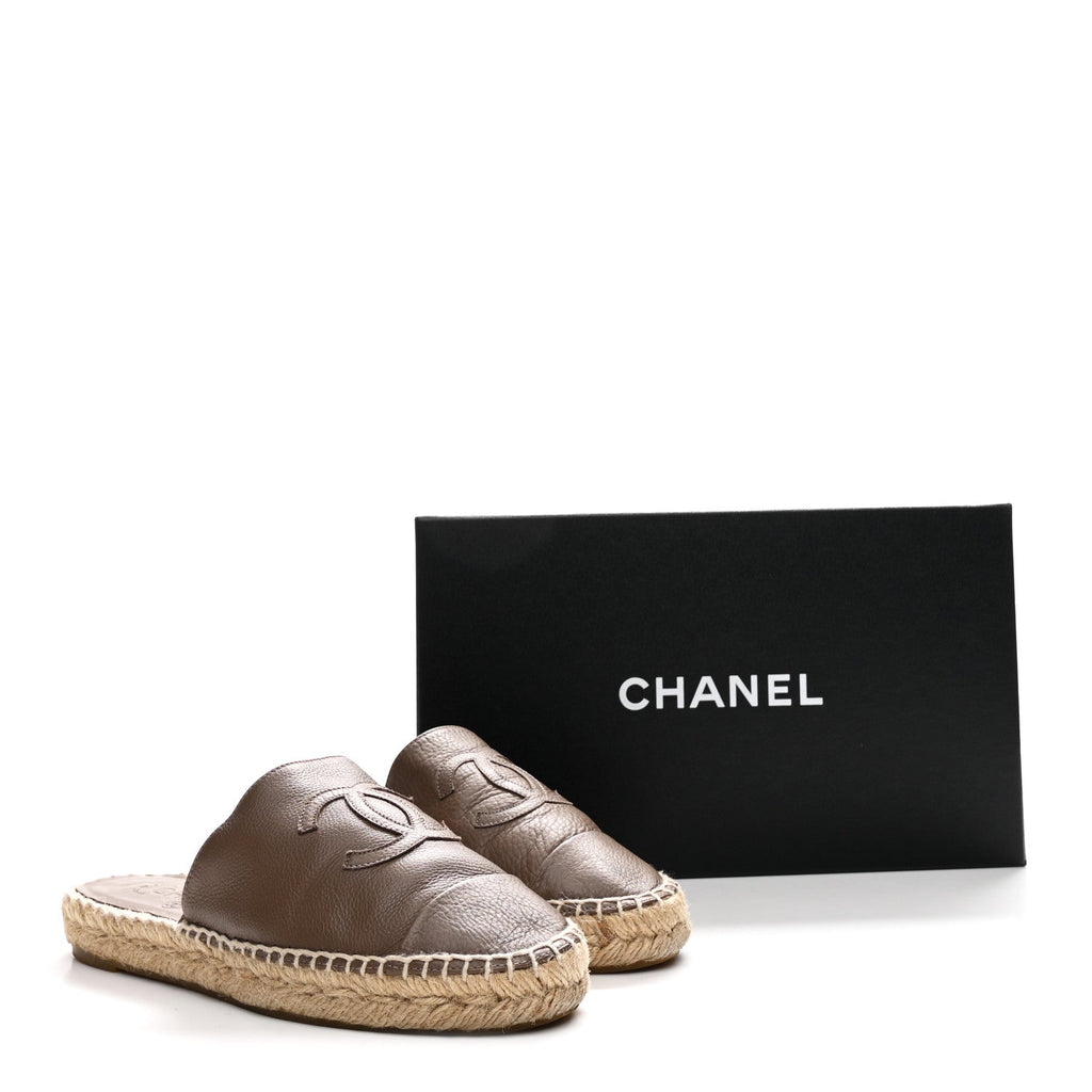Calfskin CC Espadrille Mules 36 Dark Beige