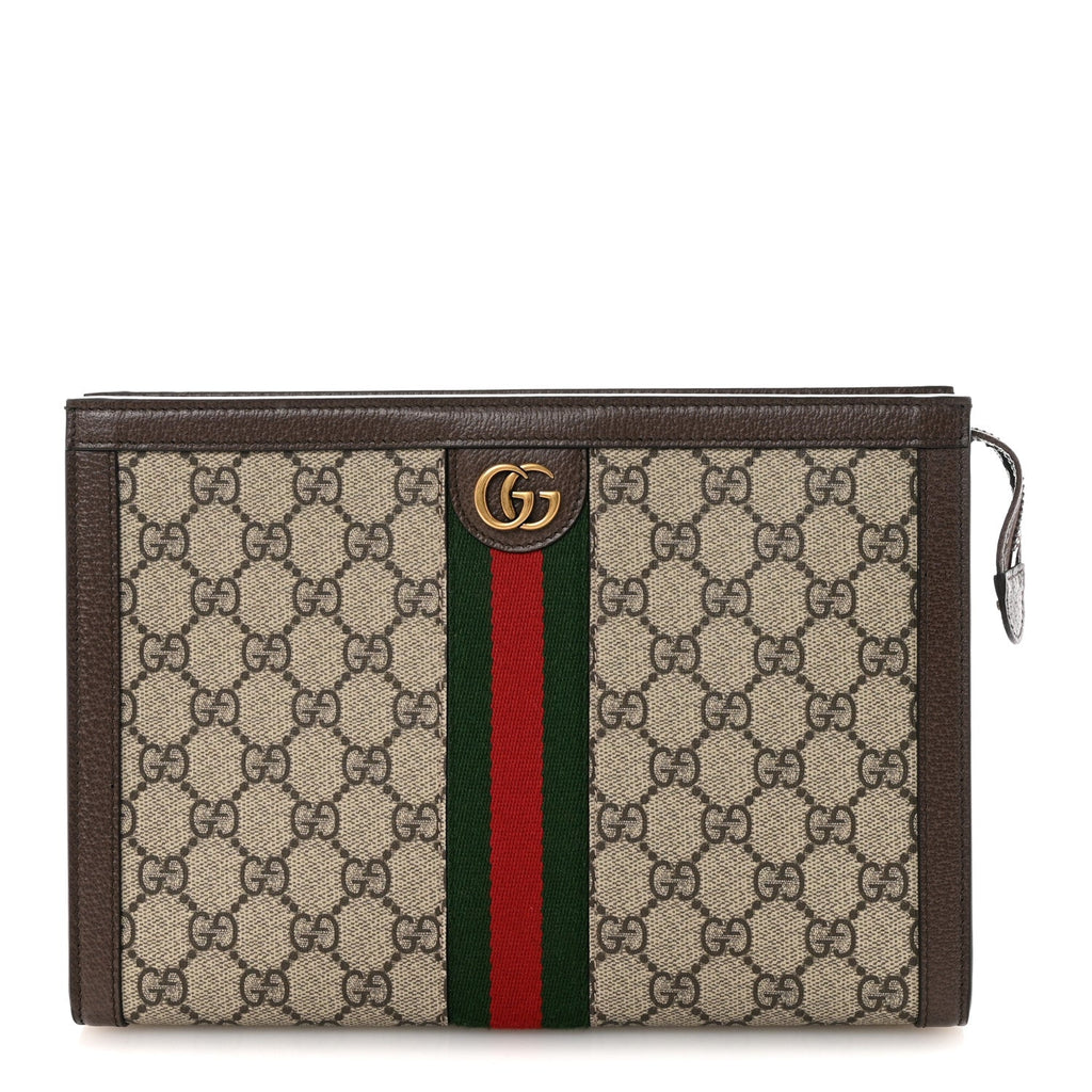 Gucci GG Supreme Monogram Textured Dollar Calfskin Web Small Ophidia Wristlet Pouch Beige Ebony New Acero