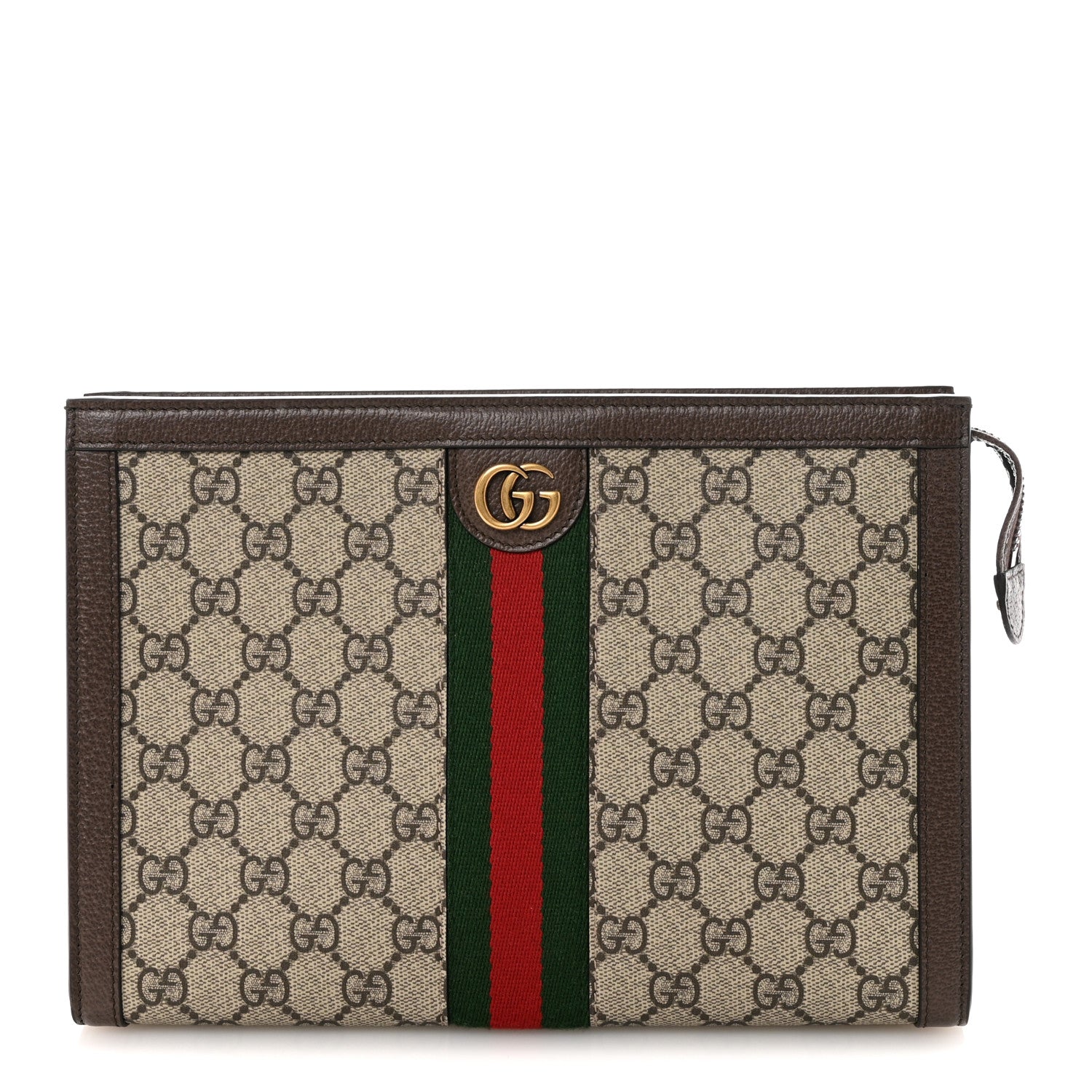 Gucci GG Supreme Monogram Textured Dollar Calfskin Web Small Ophidia Wristlet Pouch Beige Ebony New Acero