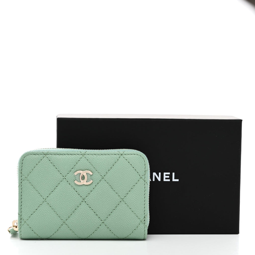 Caviar Quilted Zip Around Coin Purse Wallet Light Green