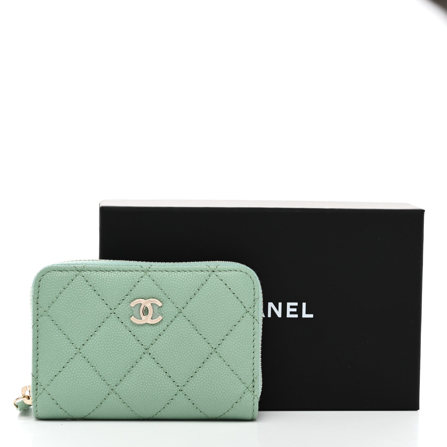 Caviar Quilted Zip Around Coin Purse Wallet Light Green
