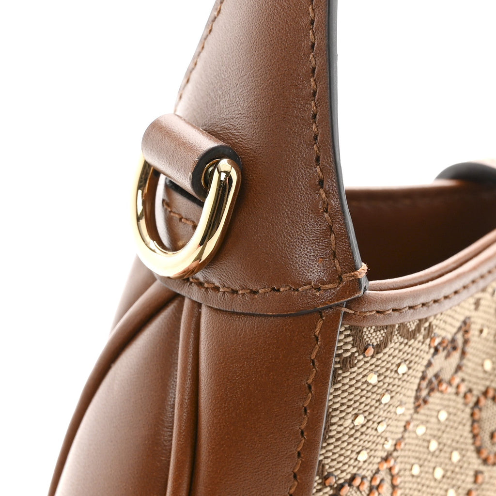 Gucci New Canvas Charisma Calfskin Crystal GG Monogram Mini Jackie 1961 Hobo Camel Ebony