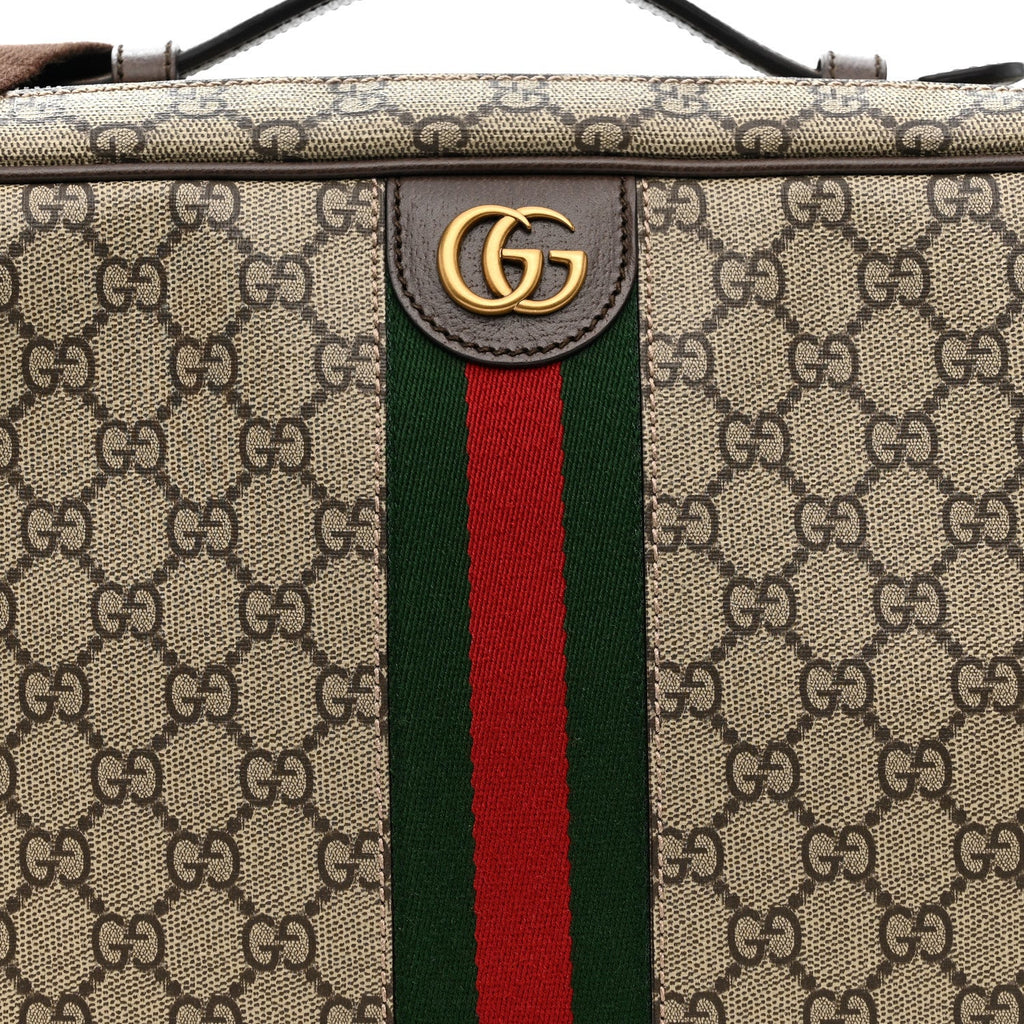 Gucci GG Supreme Monogram Textured Dollar Calfskin Web Savoy Shoe Case Bag Beige Ebony New Acero