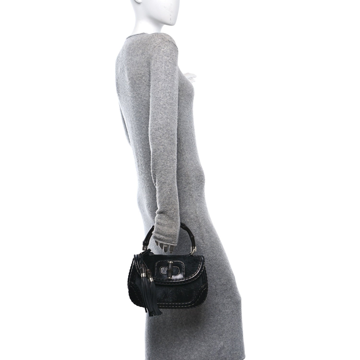 Gucci Pony Hair New Bamboo Medium Top Handle Bag Black