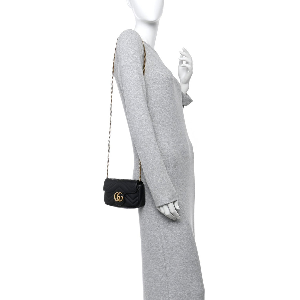 Gucci Calfskin Matelasse Super Mini GG Marmont Shoulder Bag Black