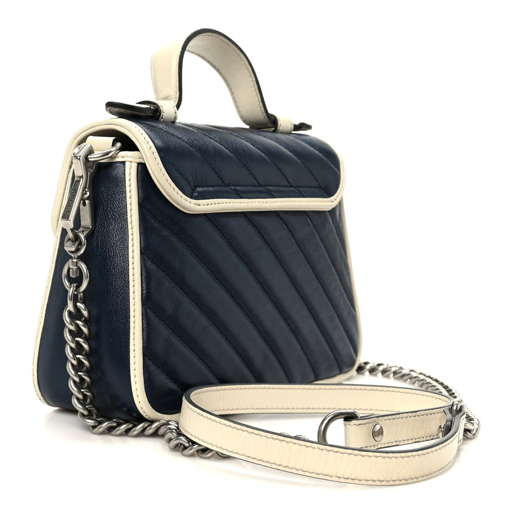 Gucci Vintage Effect Calfskin Matelasse Diagonal Mini Torchon GG Marmont Top Handle Shoulder Bag Blue Agata Mystic White