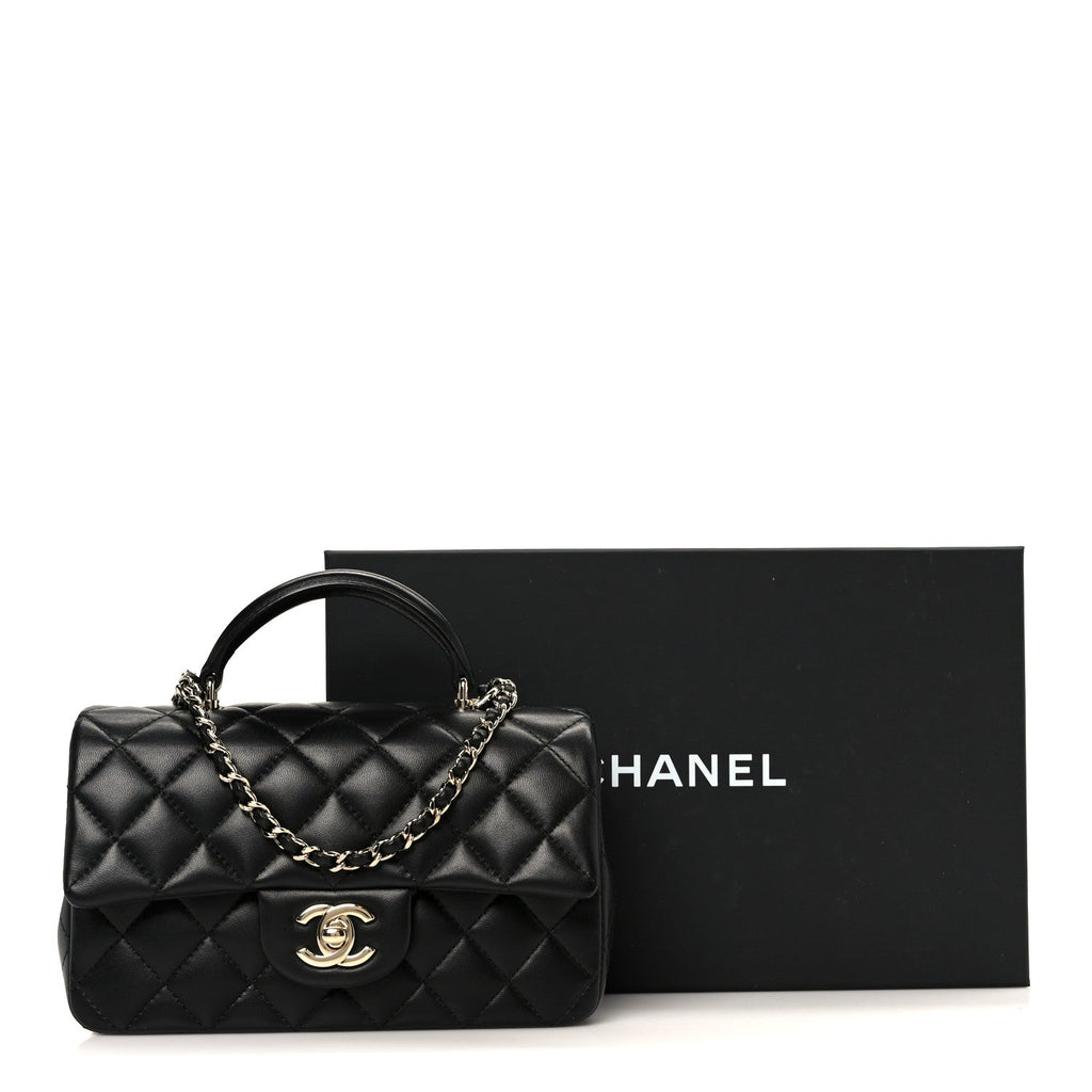 Chanel Lambskin Quilted Mini Top Handle Rectangular Flap Black