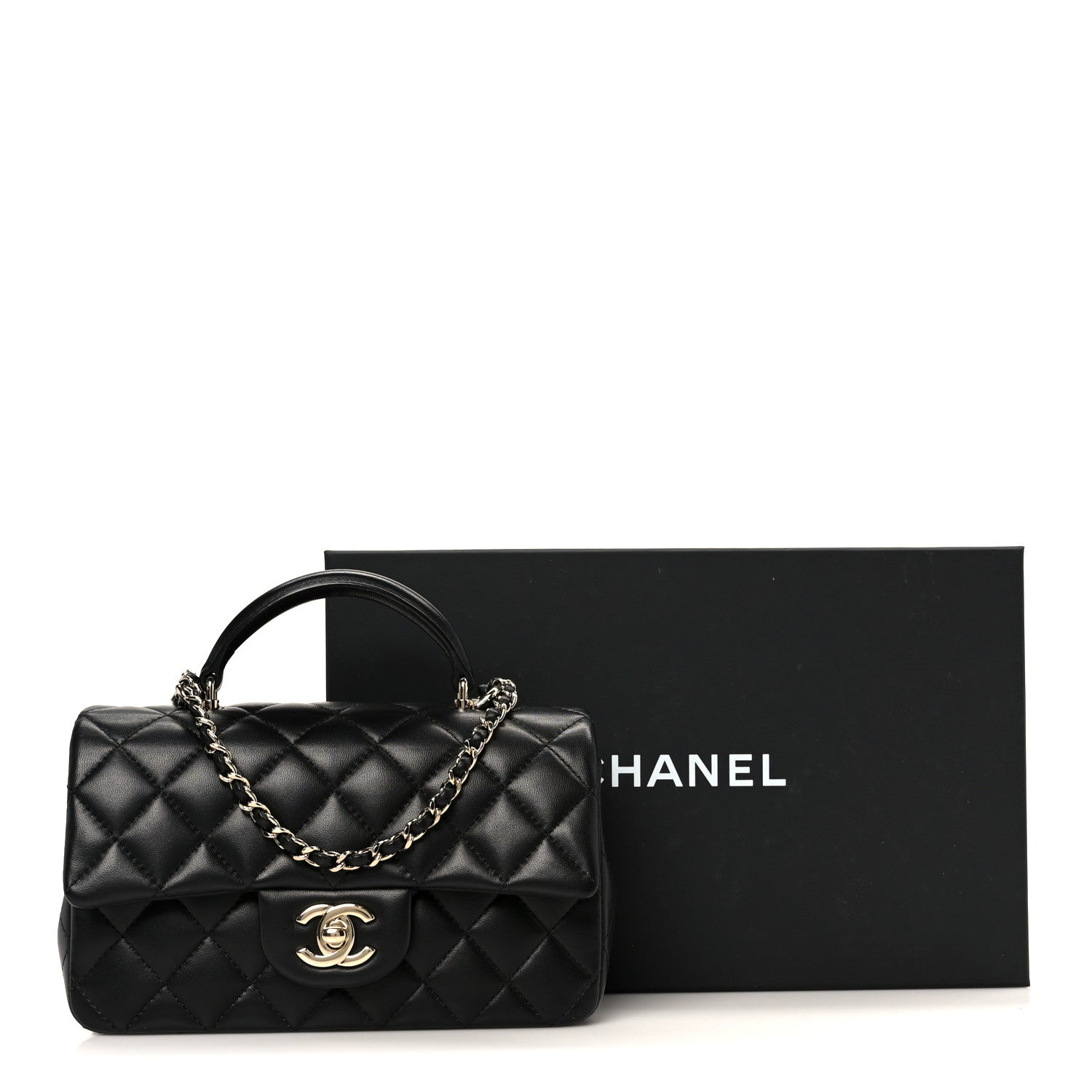 Chanel Lambskin Quilted Mini Top Handle Rectangular Flap Black