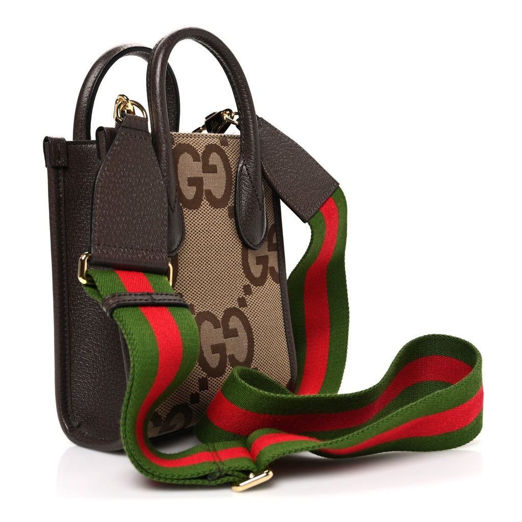 Gucci Monogram Jumbo GG Textured Dollar Calfskin Web Mini Vertical Tote Camel Ebony New Acero