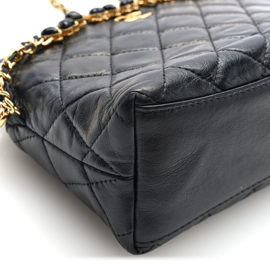 Chanel Shiny Crumpled Calfskin Quilted Clutch With Chain Black