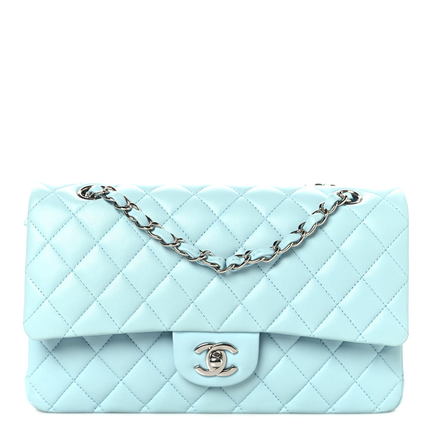 Chanel Lambskin Quilted Medium Double Flap Light Blue