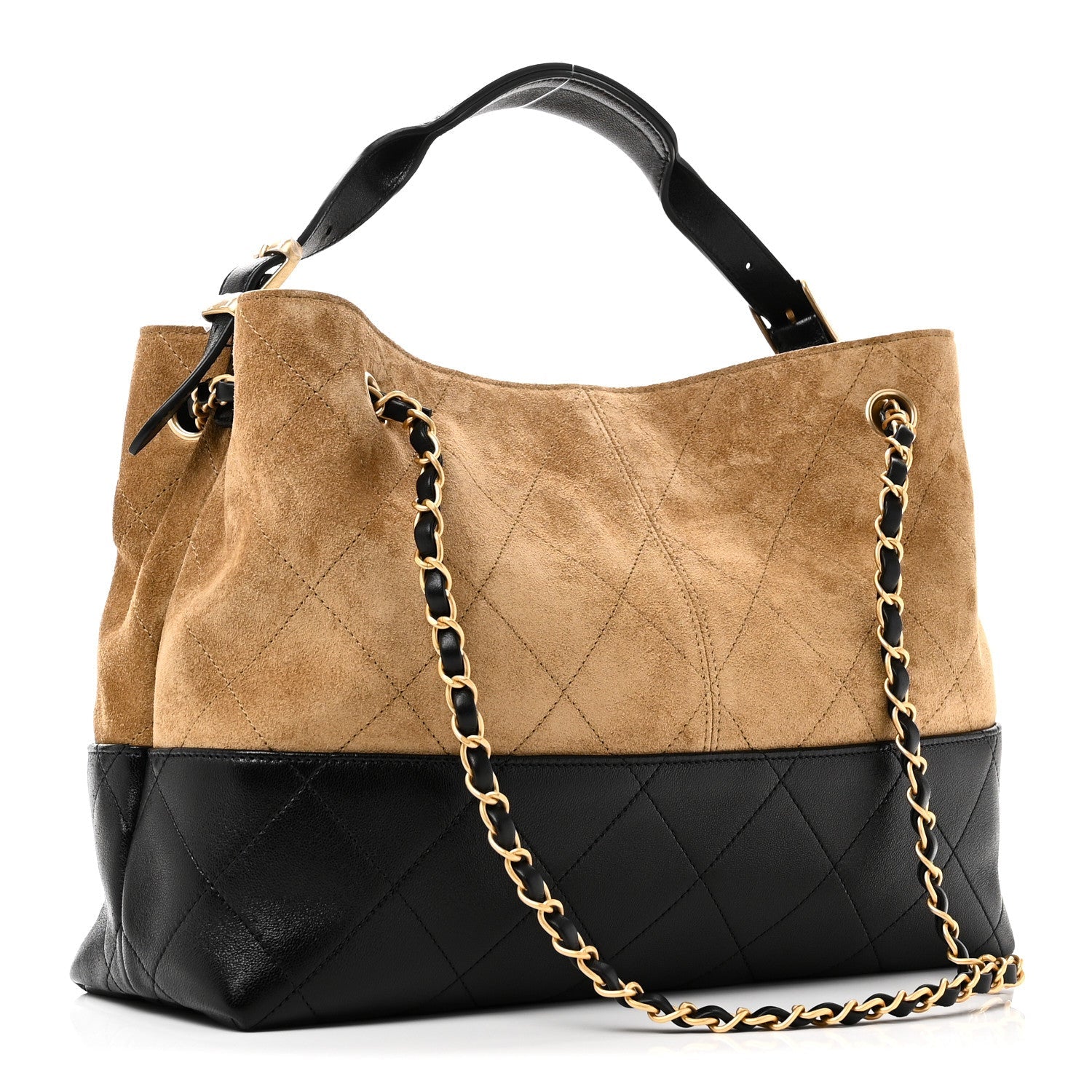 Chanel Suede Calfskin Shiny Lambskin Quilted Small Coco Base Shopping Bag Beige Black