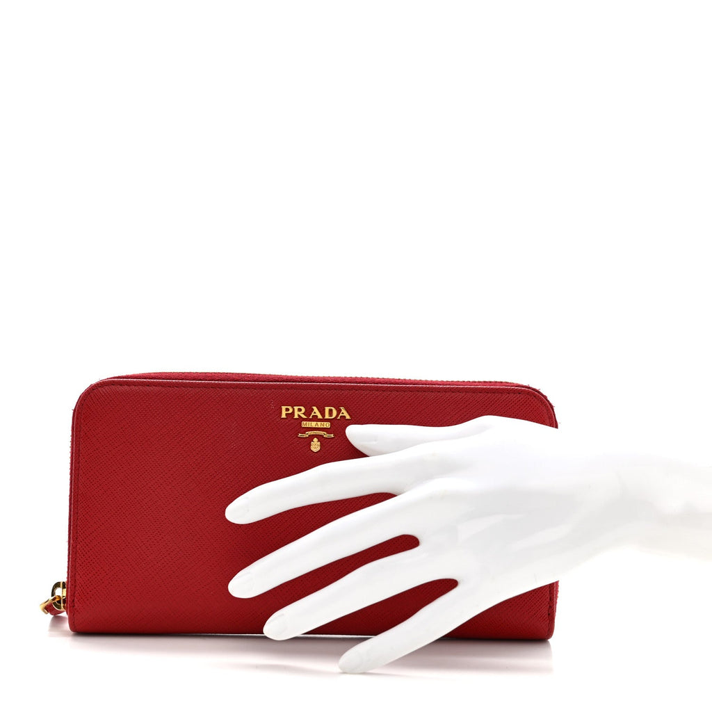 Prada Saffiano Metal Zip Around Wallet Fuoco