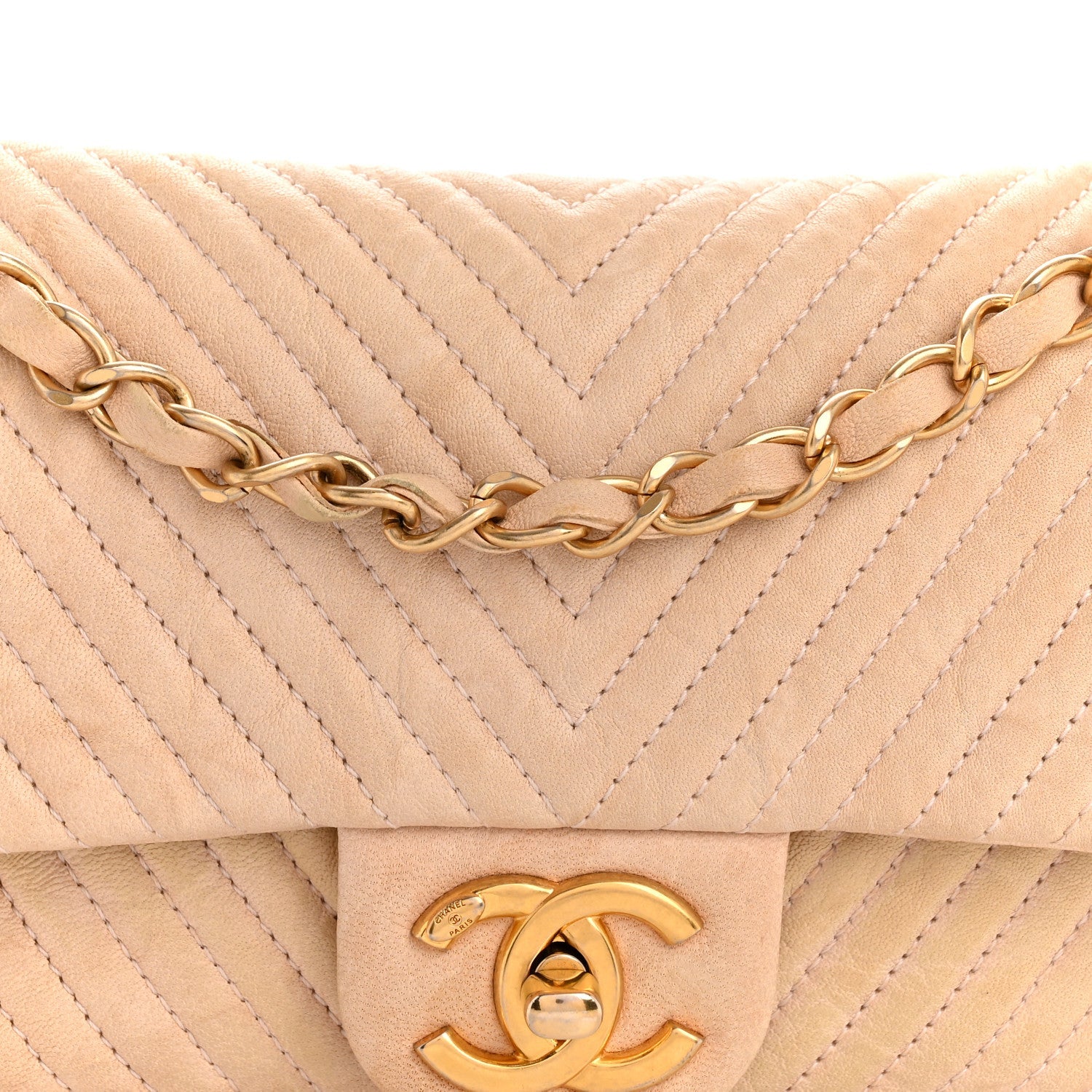 Chanel Calfskin Chevron Small Surpique Flap Beige