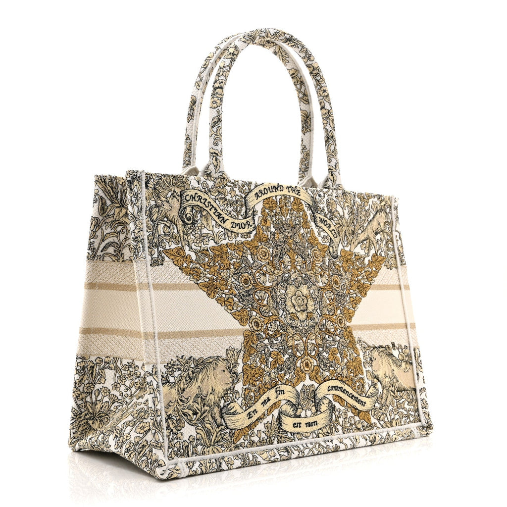 Christian Dior Canvas Embroidered Medium Around The World Book Tote Gold
