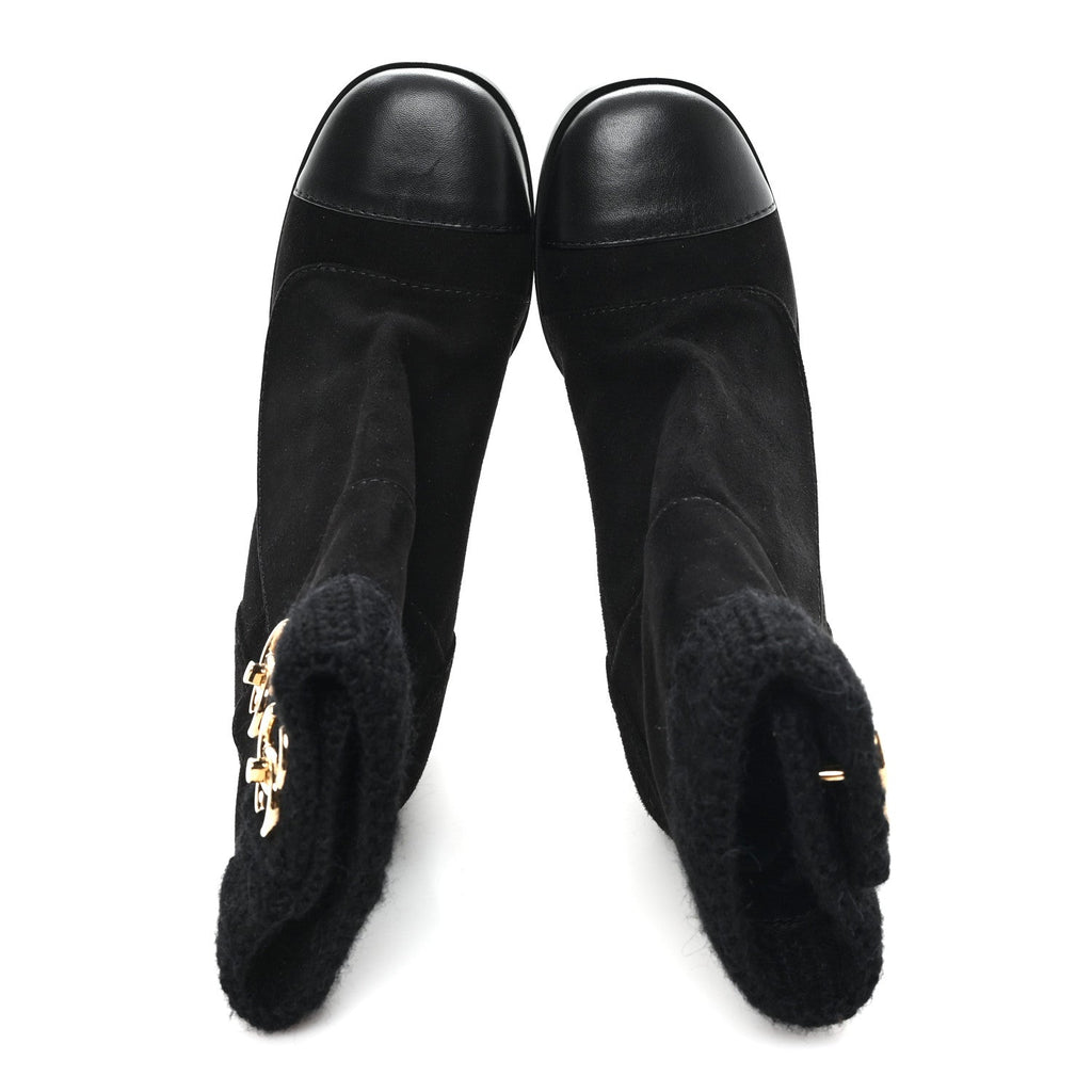Chanel Suede Lambskin Knit CC Short Boots 39 Black