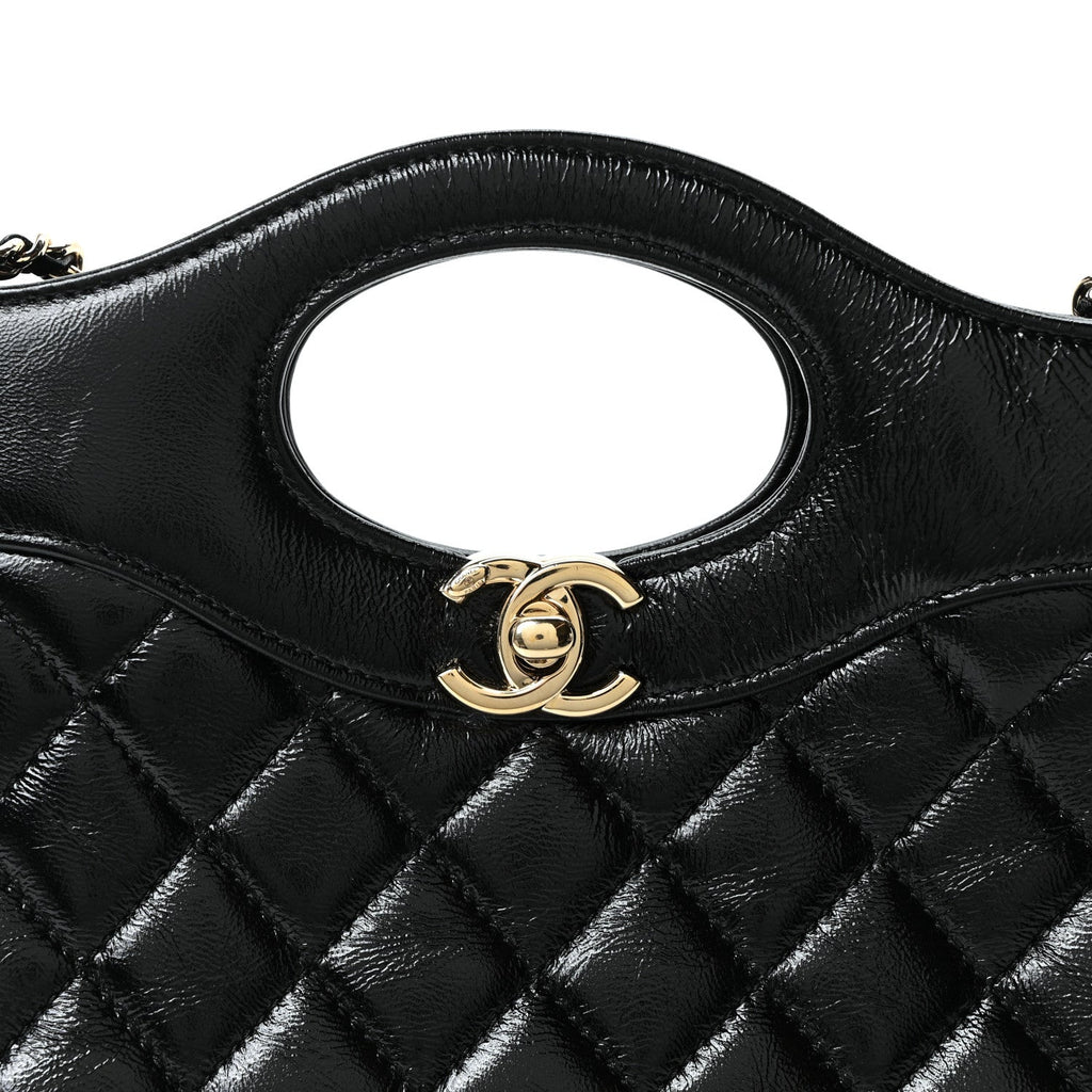 Chanel Shiny Crumpled Calfskin Quilted Mini 31 Shopping Bag Black