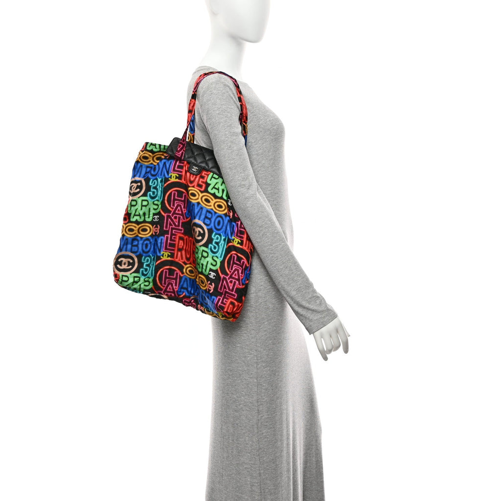 Chanel Caviar Fabric Graffiti Foldable Tote Bag With Chain Black Multicolor