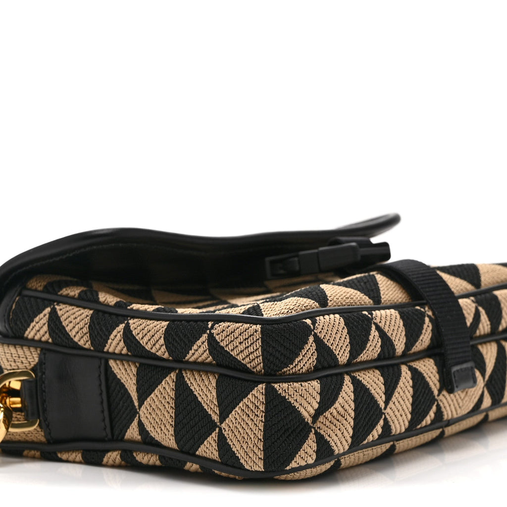 Prada Jacquard Saffiano Triangolo Symbole Embroidered Pocket Single Snap Buckle Messenger Flap Bag  Black Corda