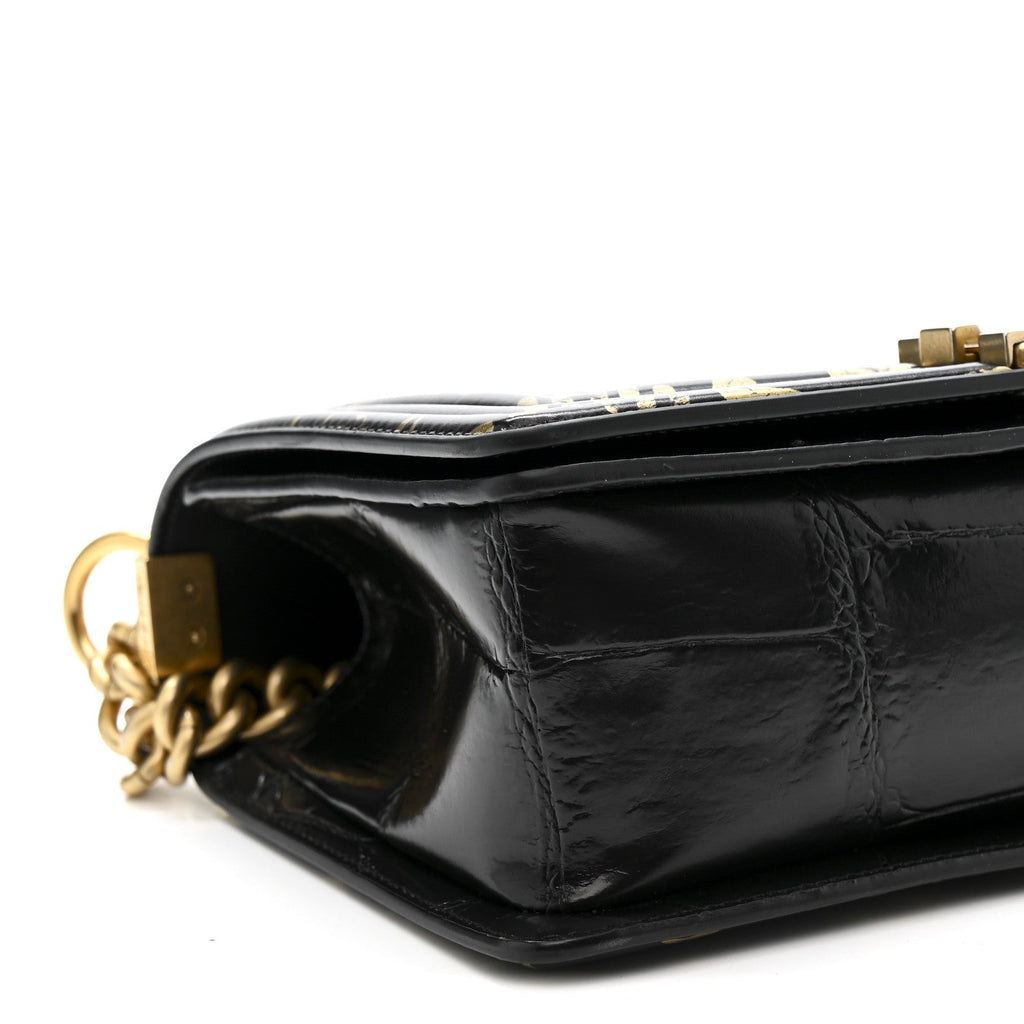 Chanel Calfskin Crocodile Embossed Graffiti Cocodile Medium Boy Flap Black